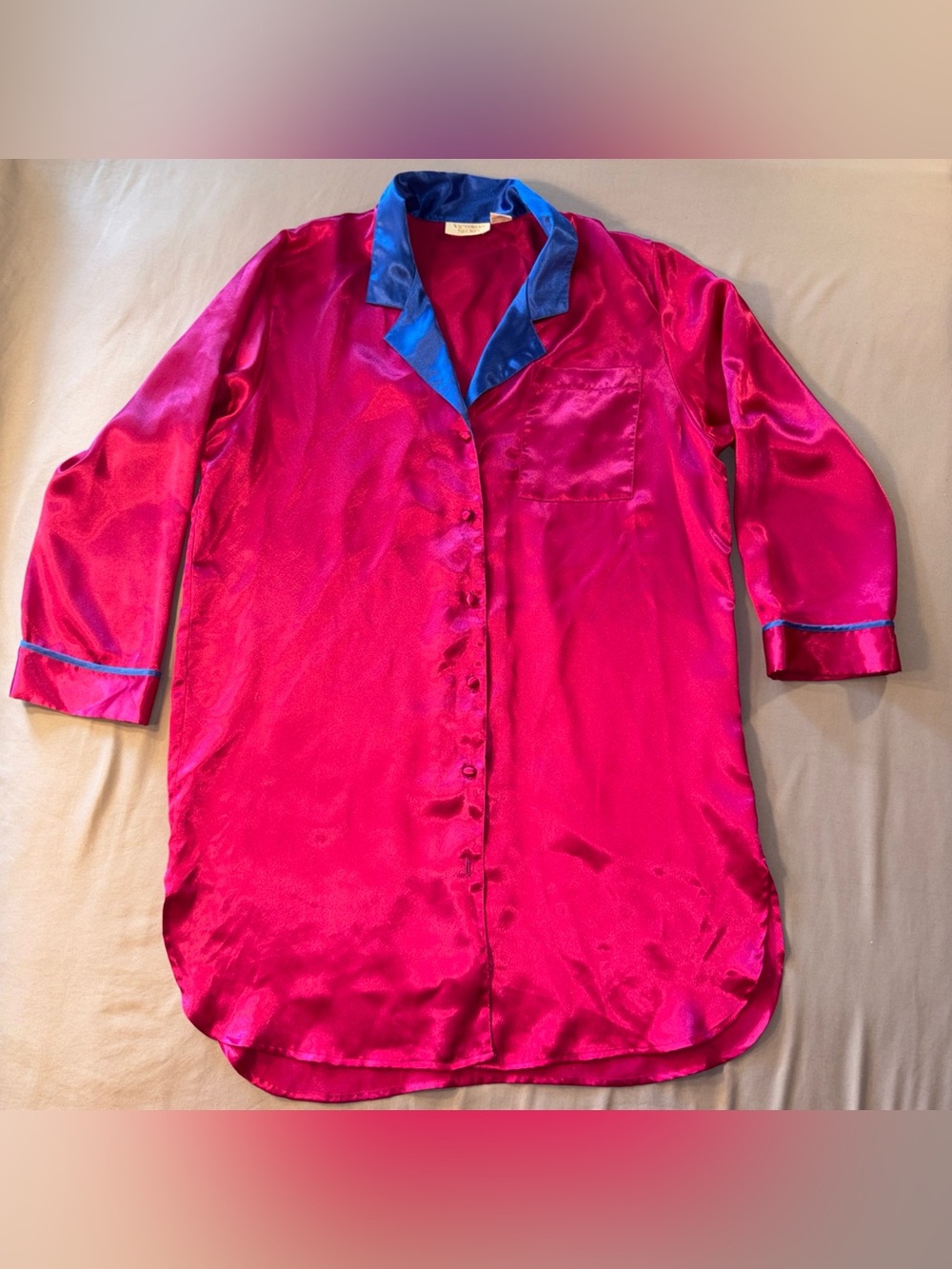 Vtg Victoria's Secret Gold Label Fuchsia Satin Blue Pajama Top Sz M TLC Creep